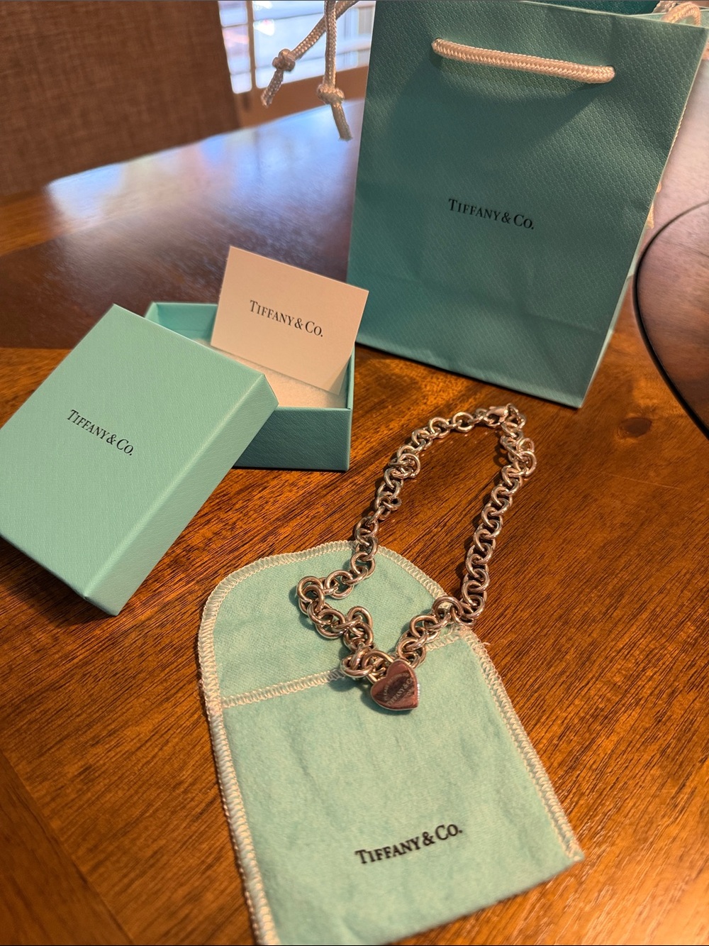 Tiffany & Co. Silver Heart Tag Link Necklace with Signature Blue Pouch